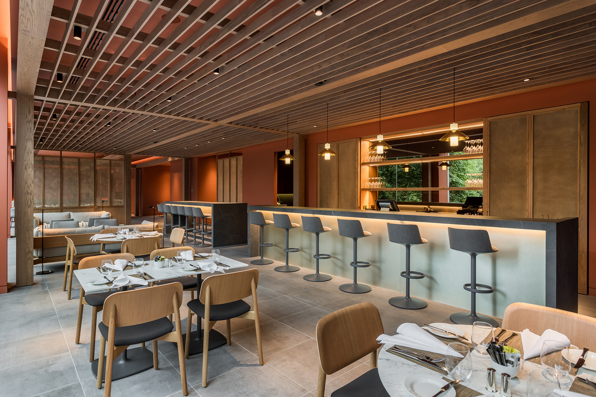 Andreu World Hula barstool, Flos tab lights and HAY Soft Edge 12 chairs in Origin Restaurant, Kensington Park.